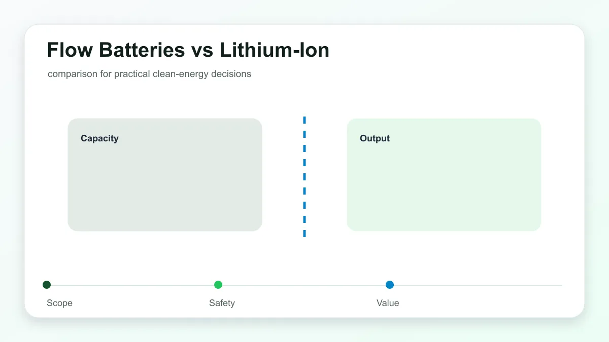 Flow Batteries vs Lithium-Ion technical illustration showing battery storage capacity, inverter, safety, and backup loads