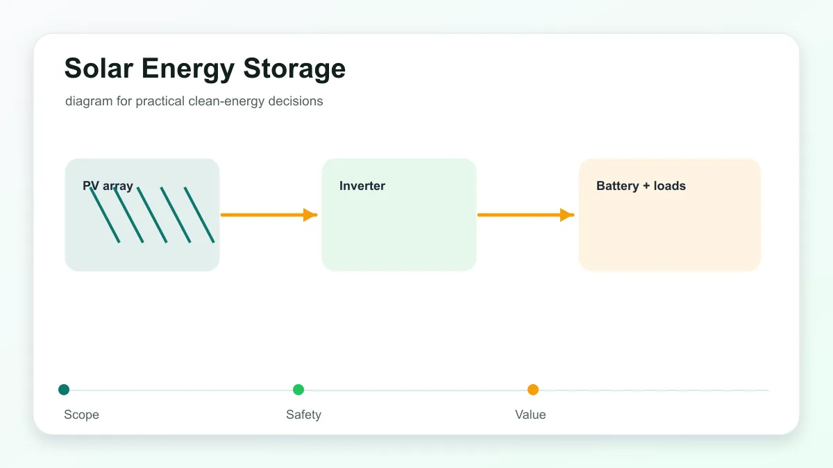 Solar Energy Storage technical illustration showing solar panels, inverter, home loads, and planning checks